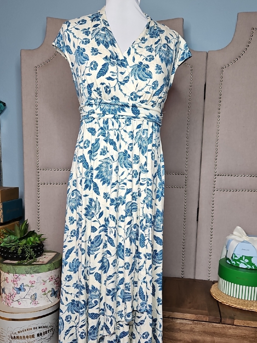 Soma Soft Jersey Band Maxi Bra Dress Floral Batik Whit Smoke Blue